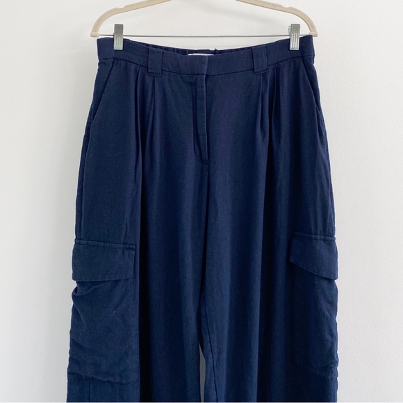Abercrombie Navy Blue Linen Blend Cargo High Rise Wide Leg Pants - Picture 3 of 6